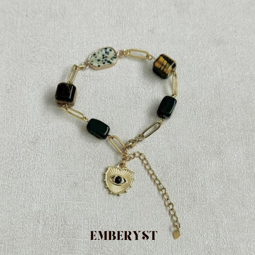 Stylish Gold Bracelet with Black Obsidian, Tiger Eye, Dalmation Jasper Crystals and Evil Eye Charm