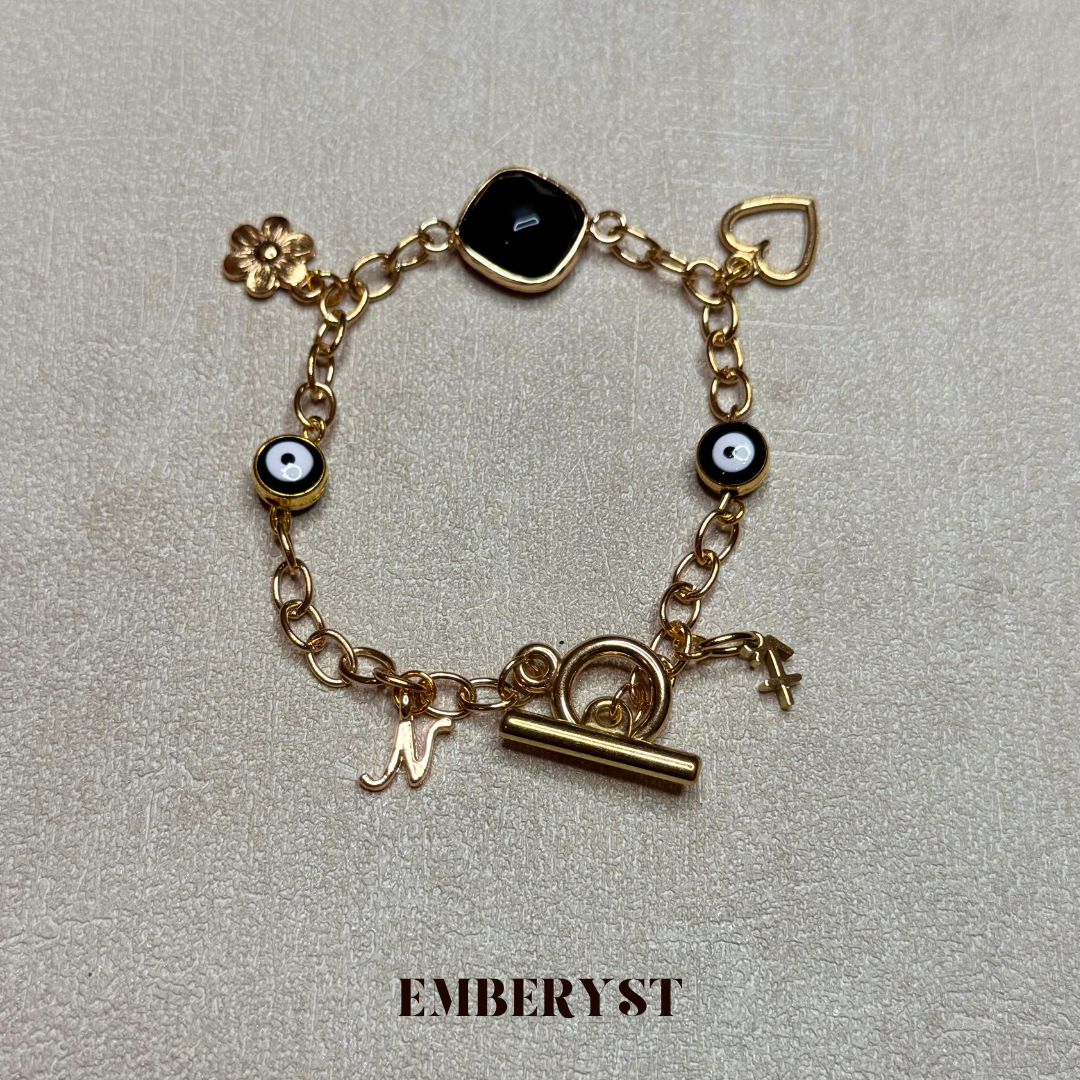 Charm bracelet gold – black stones – protection eye-personalised initials & zodiac