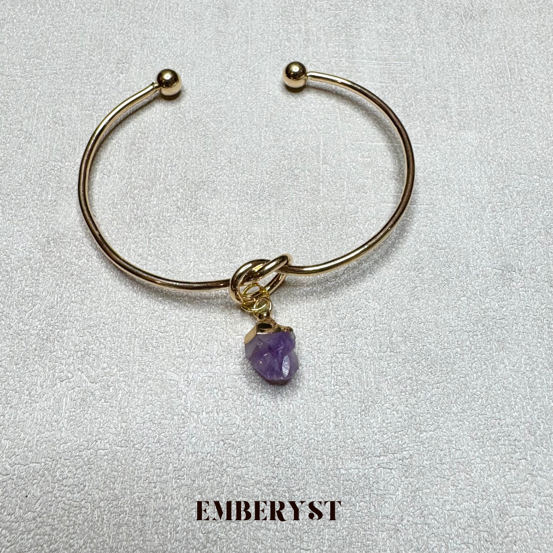 Gold Plated Knotted Wrist Cuff with Amethyst Charm