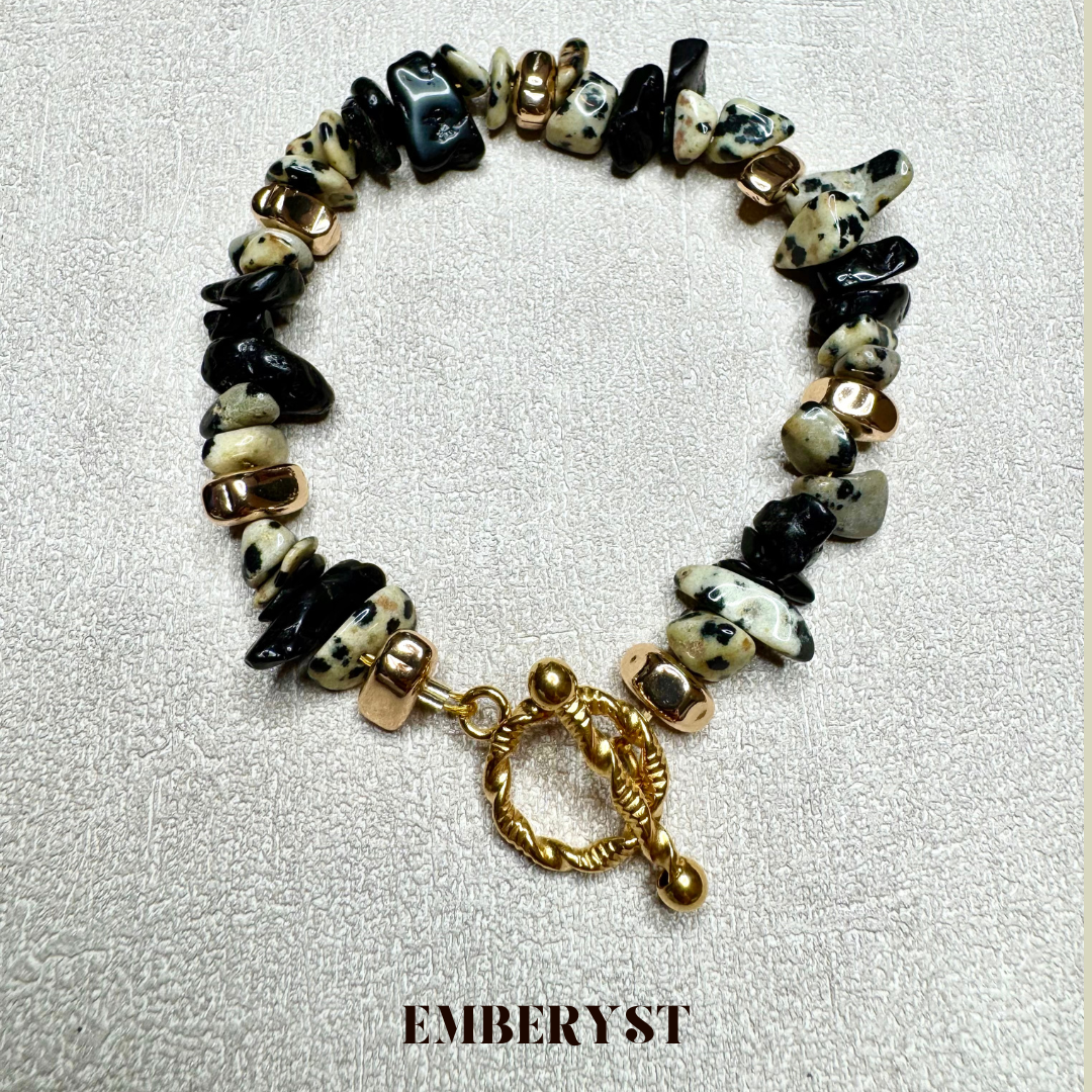 Stylish Dalmatian Jasper and Black Obsidian Chip Bracelet